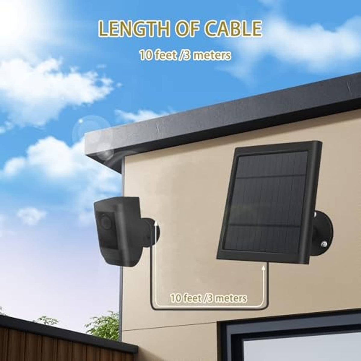 Black solar panel kit mounted under an eave with a long cable for outdoor power