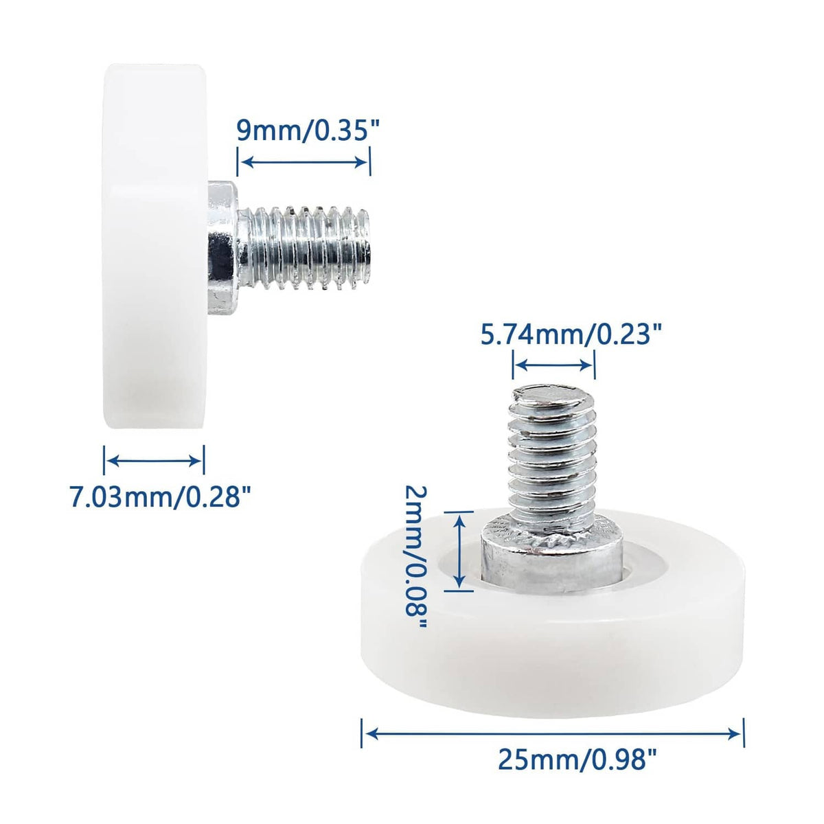 White plastic drawer slide roller with exposed metal threaded screw stud