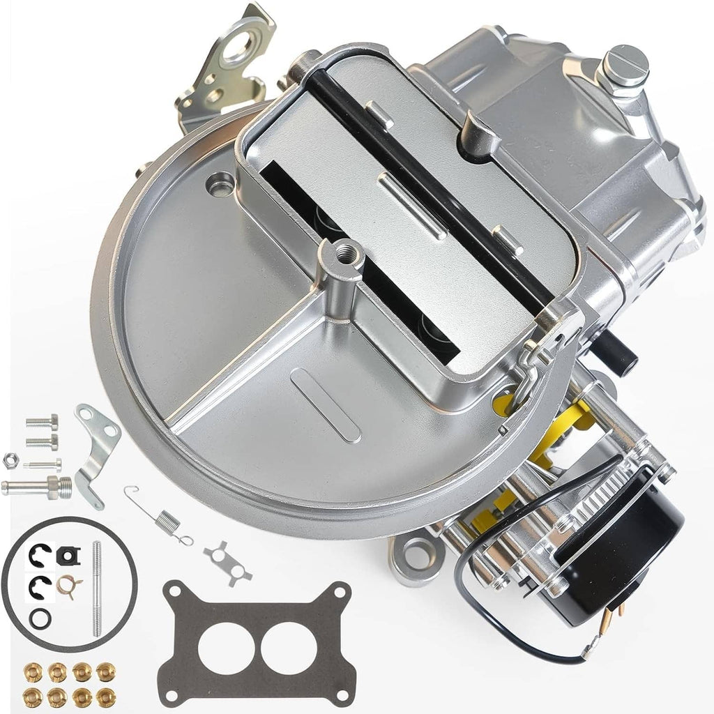 Aluminum 2BBL carburetor with electric choke, silver finish and mounting bracket