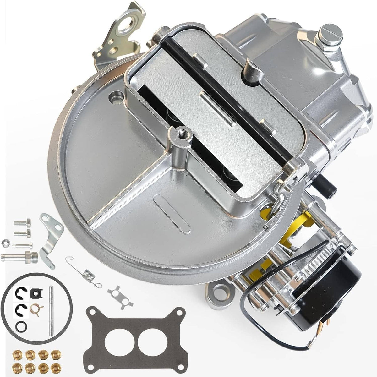 Aluminum 2BBL carburetor with electric choke, silver finish and mounting bracket