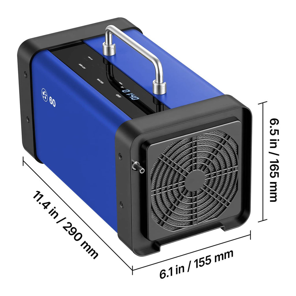 Blue and black ozone generator side view with metal handle tubes and size indicators