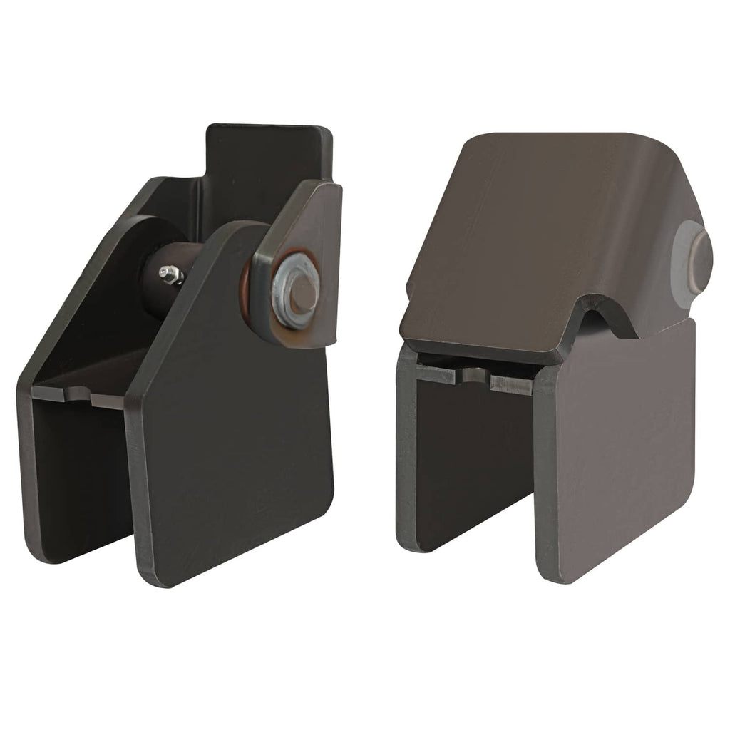 Steel weld-on trailer hinge bracket pair, one shows bolt and spacer hardware