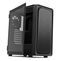 Black ATX mid-tower PC case with open side panel and large mesh side vent
