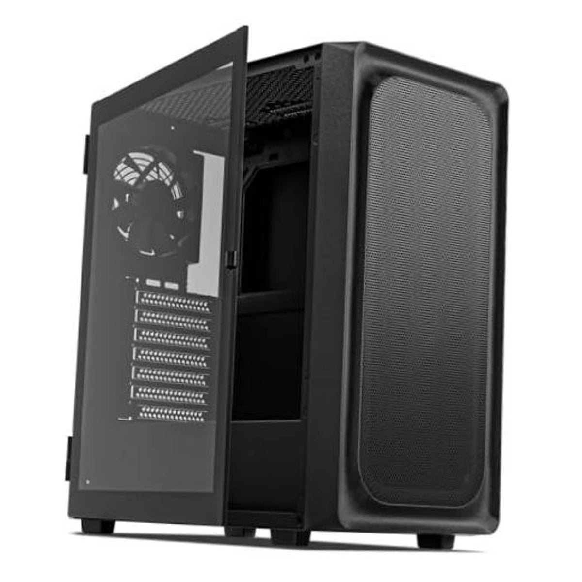 Black ATX mid-tower PC case with open side panel and large mesh side vent
