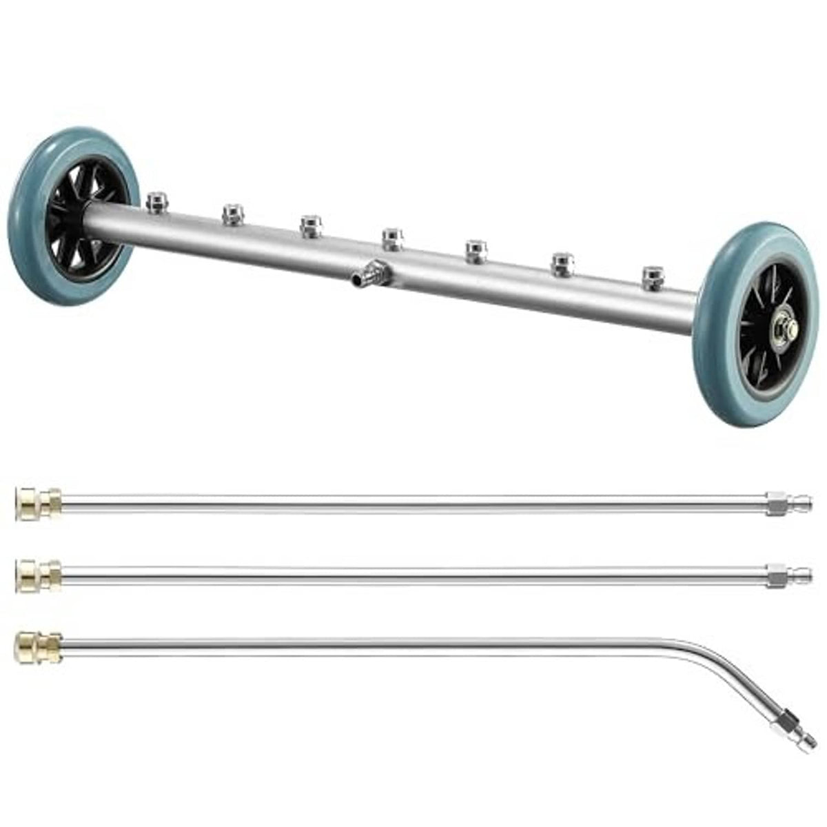 Undercarriage cleaner wand with teal wheels plus three silver extension wands