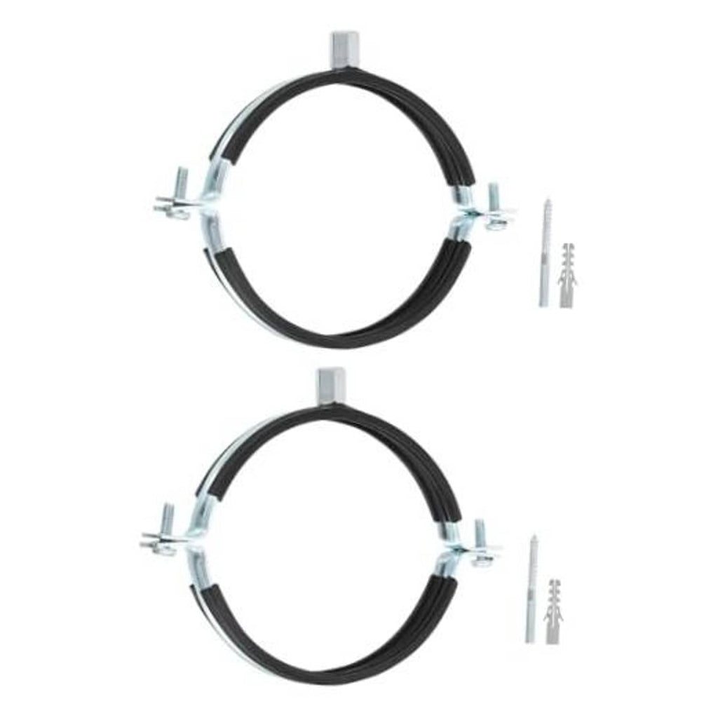 Two-piece adjustable split-ring pipe clamp brackets with black rubber-lined rings