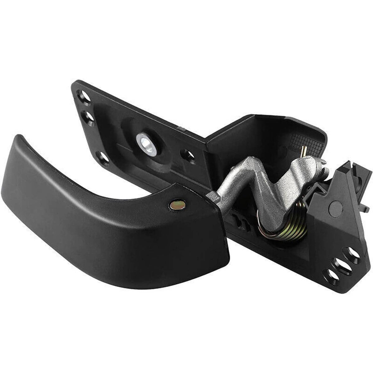 Black interior door handle repair kit with torsion spring and mounting plate.