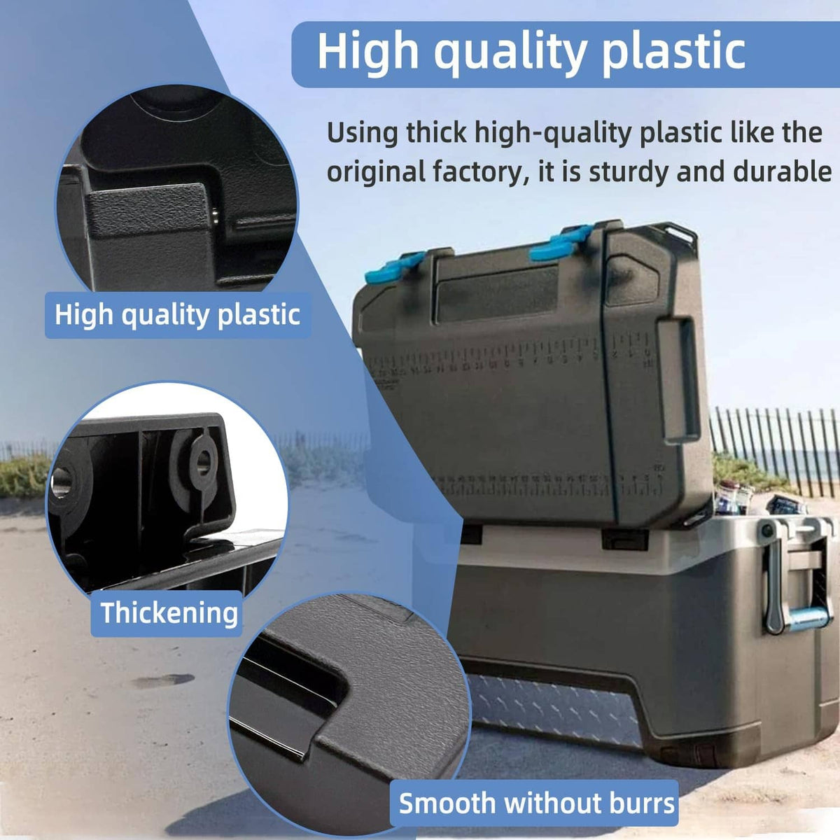 Black plastic cooler hinge latch with smooth finish and thick molded body.