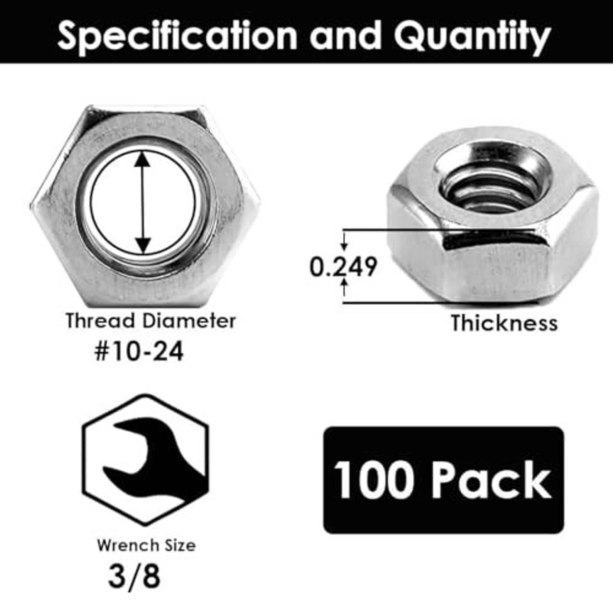 Stainless steel nylon insert hex lock nuts, #10-24 thread, 100 pack graphic