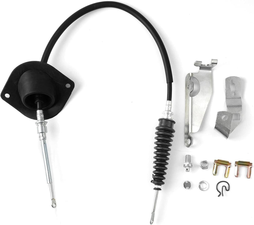 Transmission shift cable assembly with black housing and metal ends, includes mounting clips