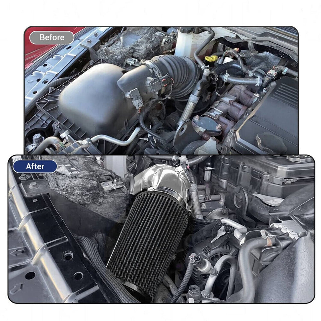 Cold air intake system in engine bay with black pleated filter and polished intake tube