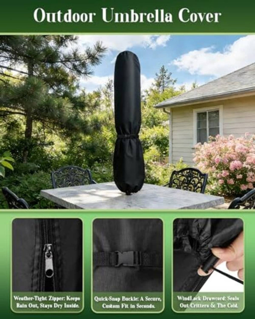 Black patio umbrella cover with adjustable strap, draped over an outdoor umbrella