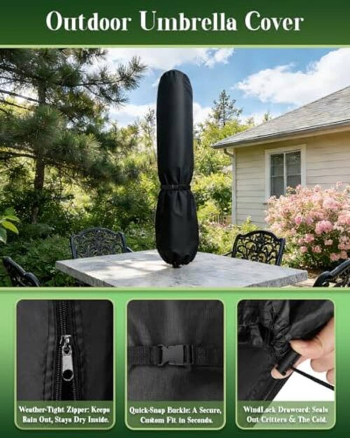 Black patio umbrella cover with adjustable strap, draped over an outdoor umbrella