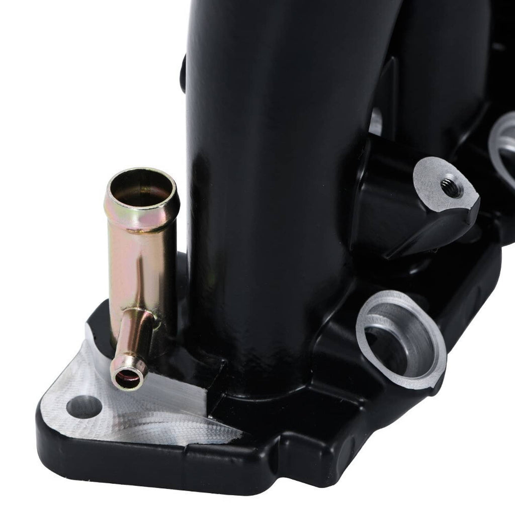 Black intake manifold base with copper-colored tube and side inlet opening
