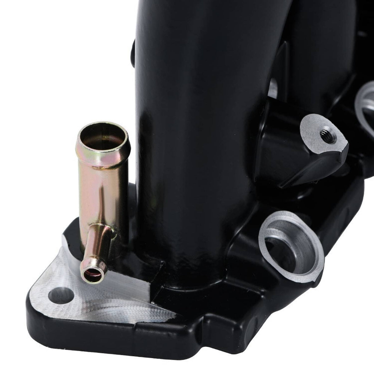 Black intake manifold base with copper-colored tube and side inlet opening