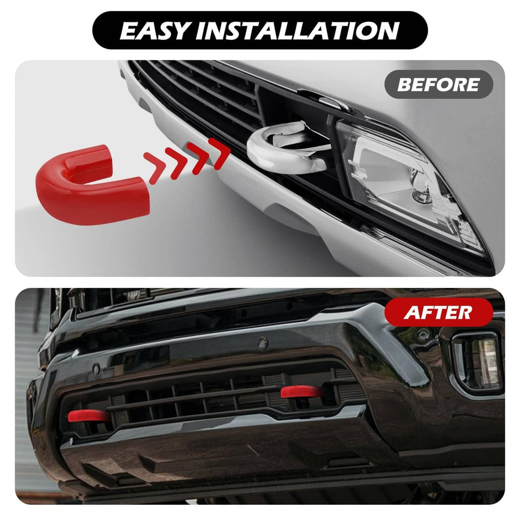 Red tow hook cover shown before-and-after on the front tow hook