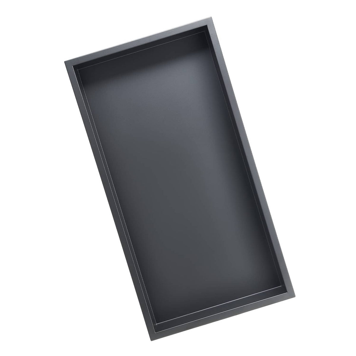Recessed stainless steel wall niche shelf with rectangular opening, dark finish.
