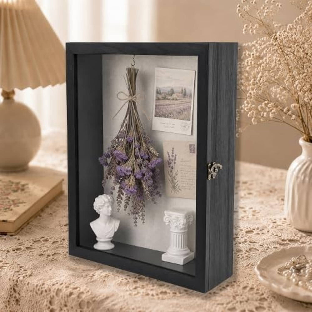 Black pine wood shadow box frame with lavender dried flowers and ribbon inside