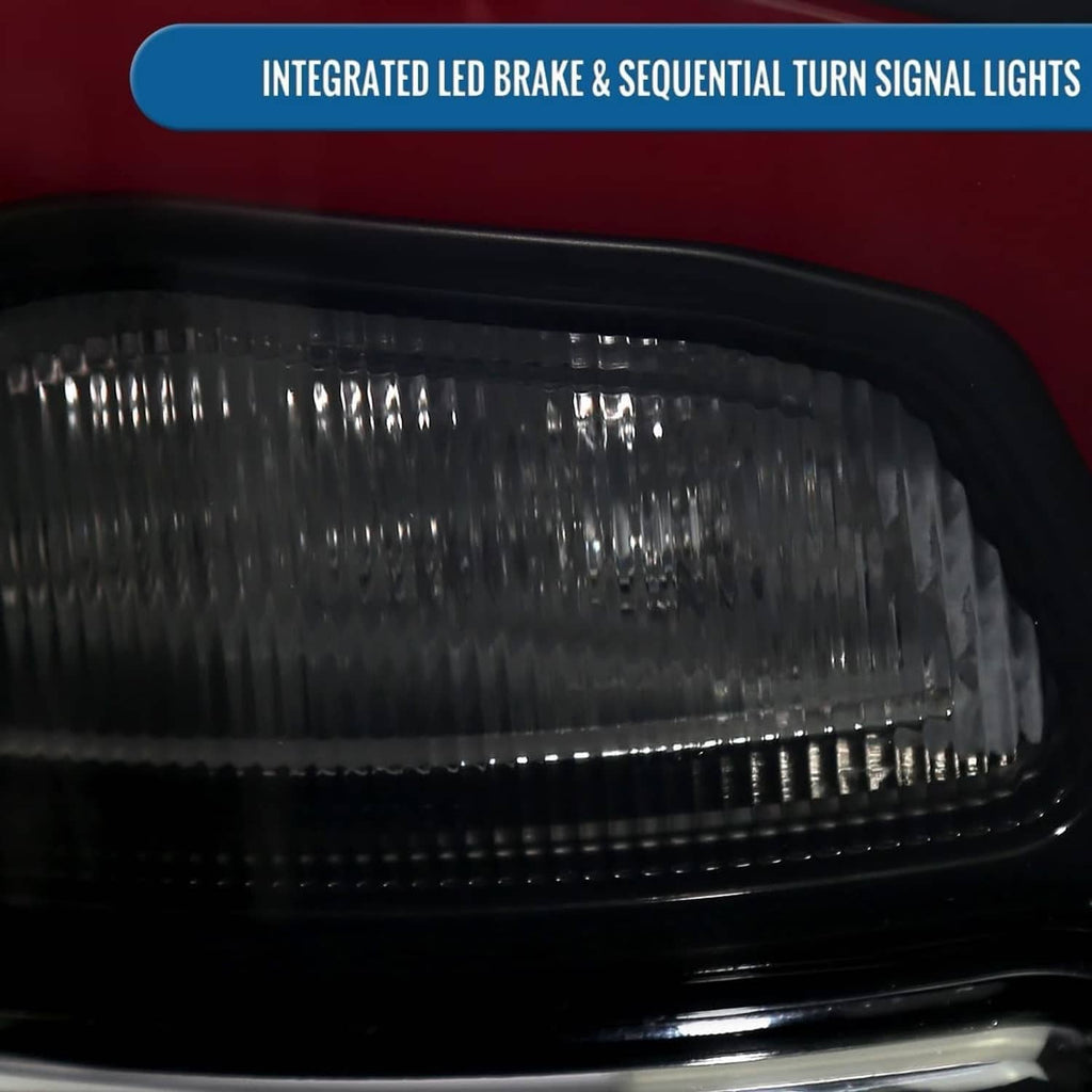 Close-up smoke-lens LED tail light with vertical light elements and black trim