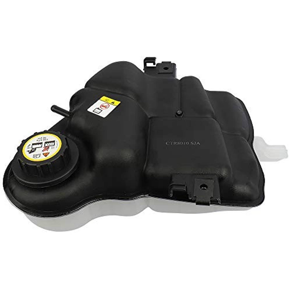 Black coolant overflow tank with yellow caution label and rear mounting tabs