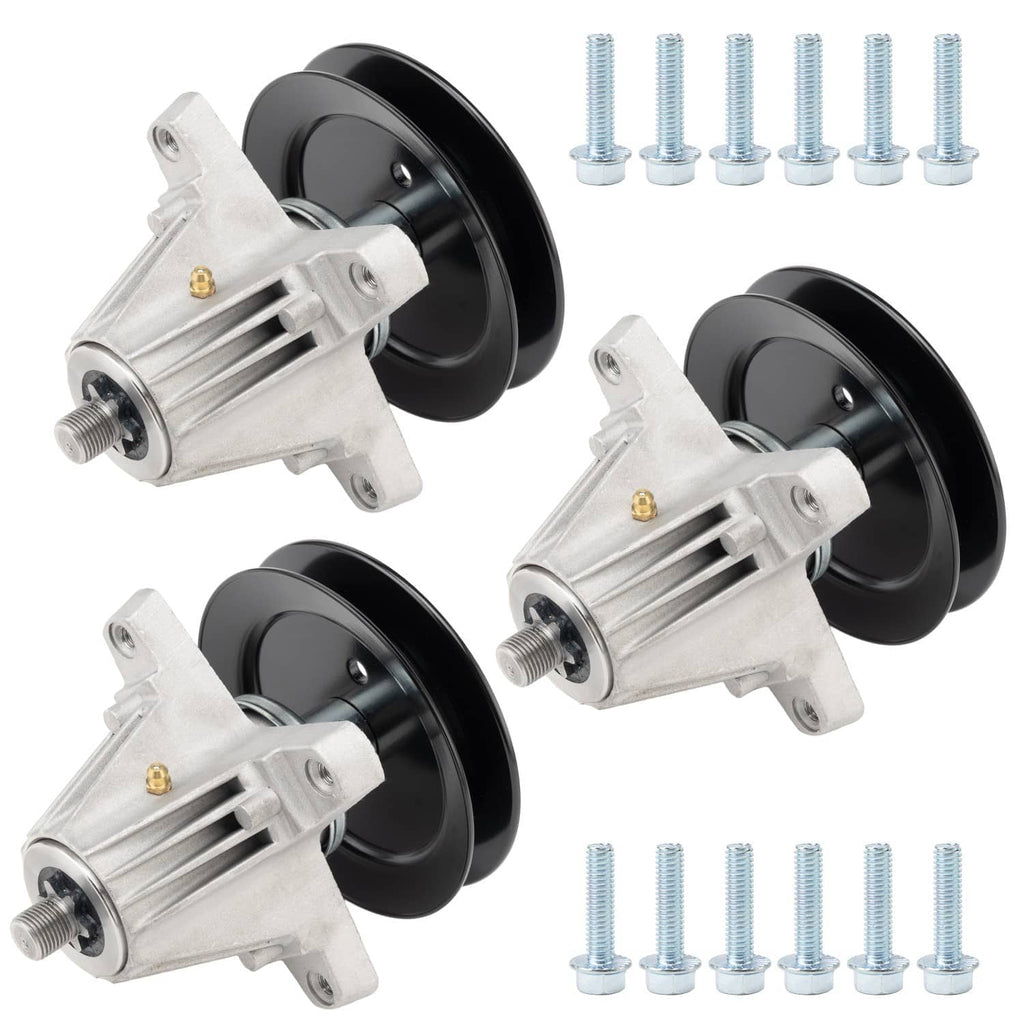 Set of deck spindle assemblies with silver housings, black pulleys, and blue-threaded bolts