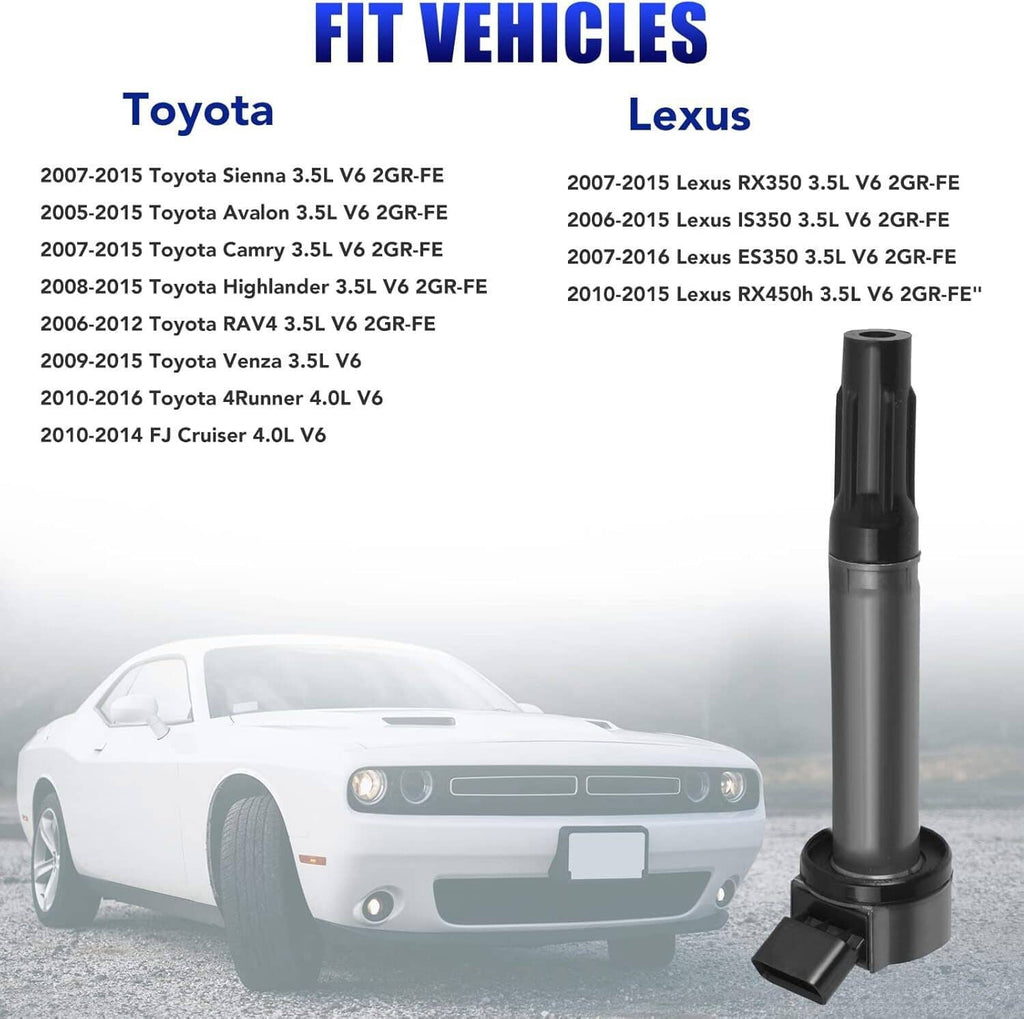 Ignition coil shown next to vehicle fitment illustration for Toyota and Lexus