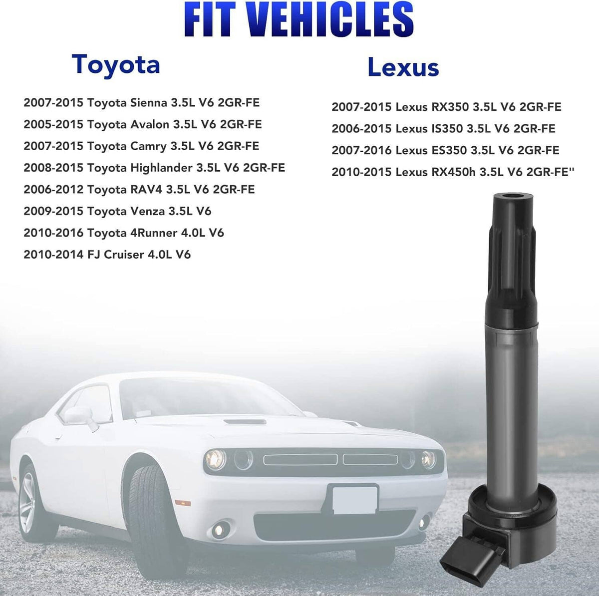Ignition coil shown next to vehicle fitment illustration for Toyota and Lexus