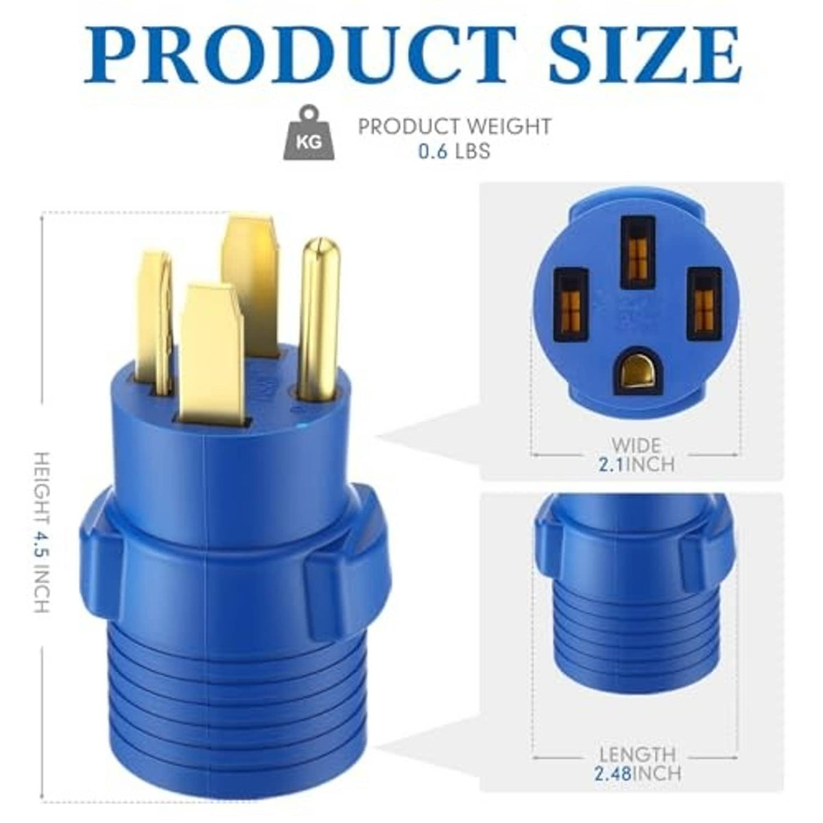 Blue 4-prong adapter plug with gold prongs shown with size graphic