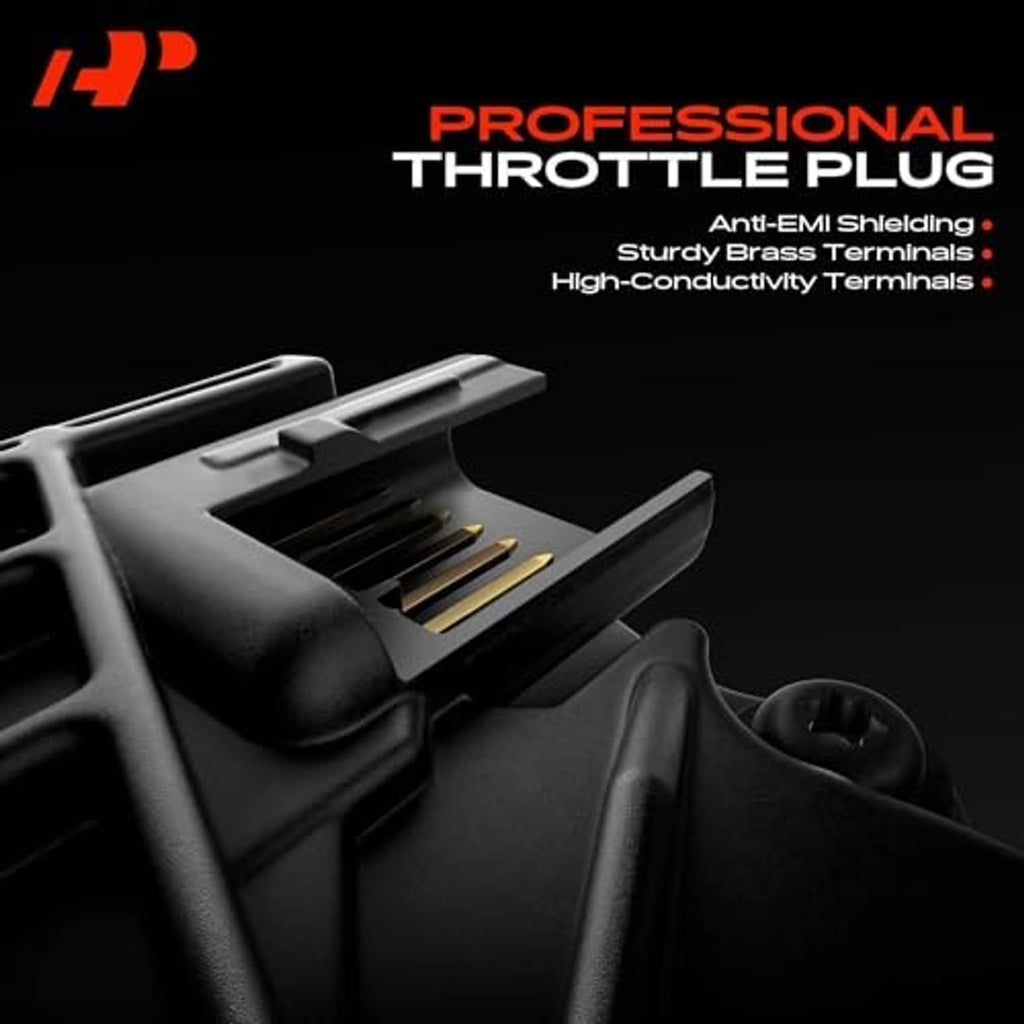 Electronic throttle plug terminals with brass contact pins on dark connector housing