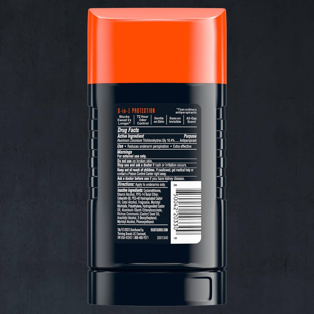 Right Guard antiperspirant stick back label, orange cap and dark gray base