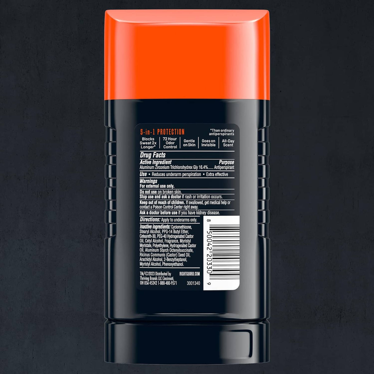 Right Guard antiperspirant stick back label, orange cap and dark gray base