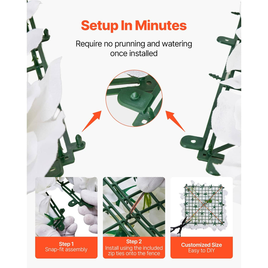 White flower wall panel with green tie clips and mesh backing for fence mounting