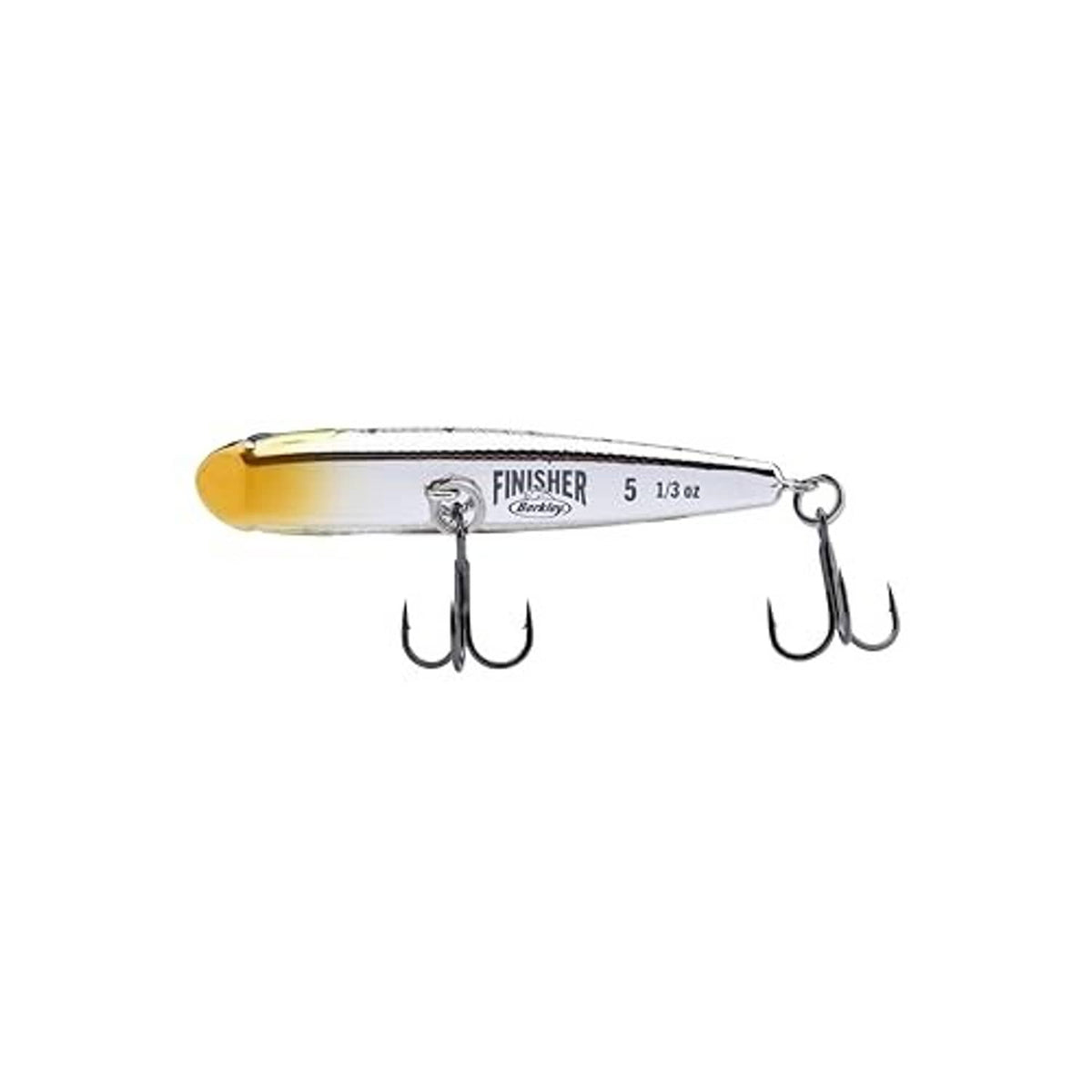 Berkley Finisher lure with chrome sides, yellow body, and double treble hooks