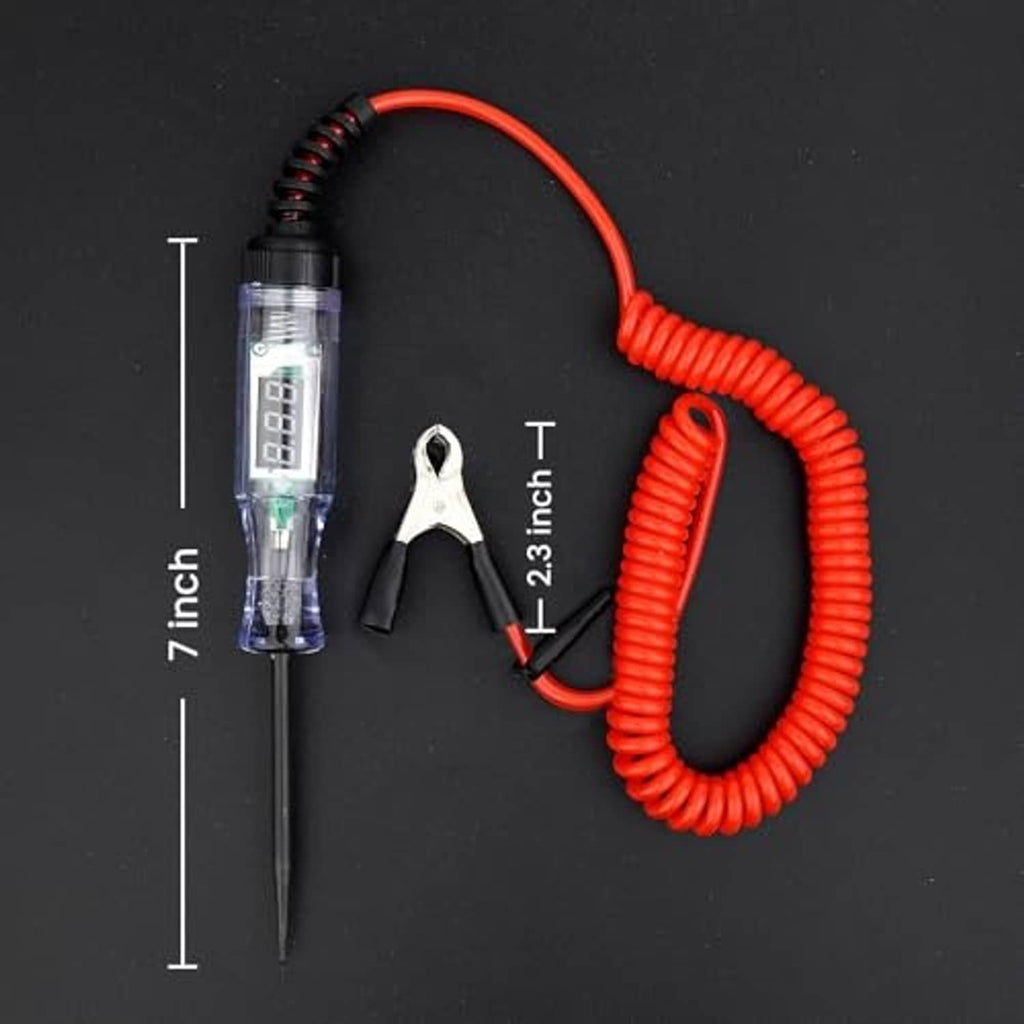 Automotive circuit tester kit with probe, alligator clamp, and red coiled cable