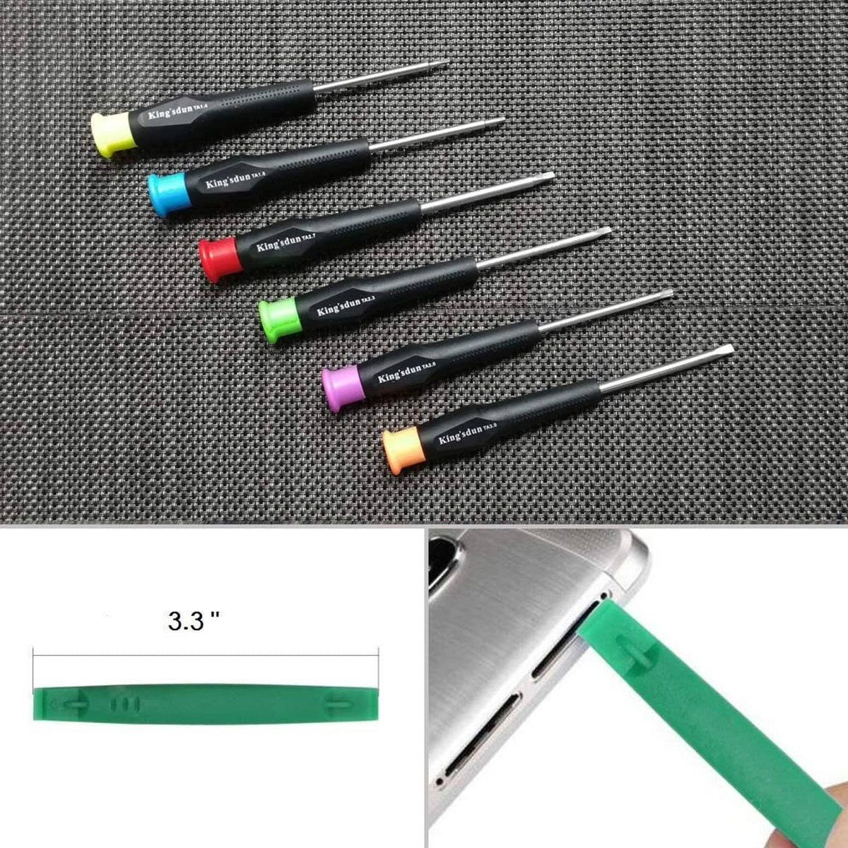 Triangular head screwdriver set with multicolored caps, black handles, and metal shafts