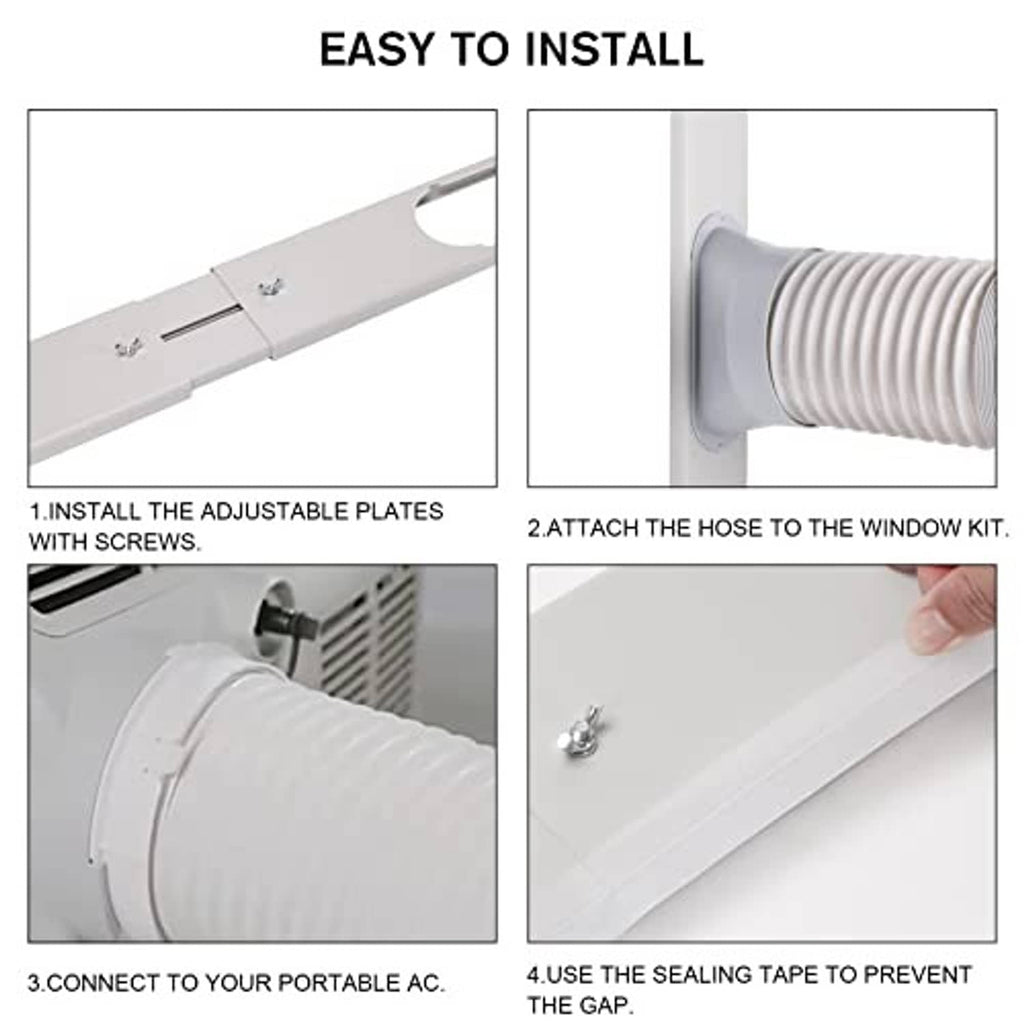 Window AC exhaust kit with adjustable mounting plates, screws, and sealing tape
