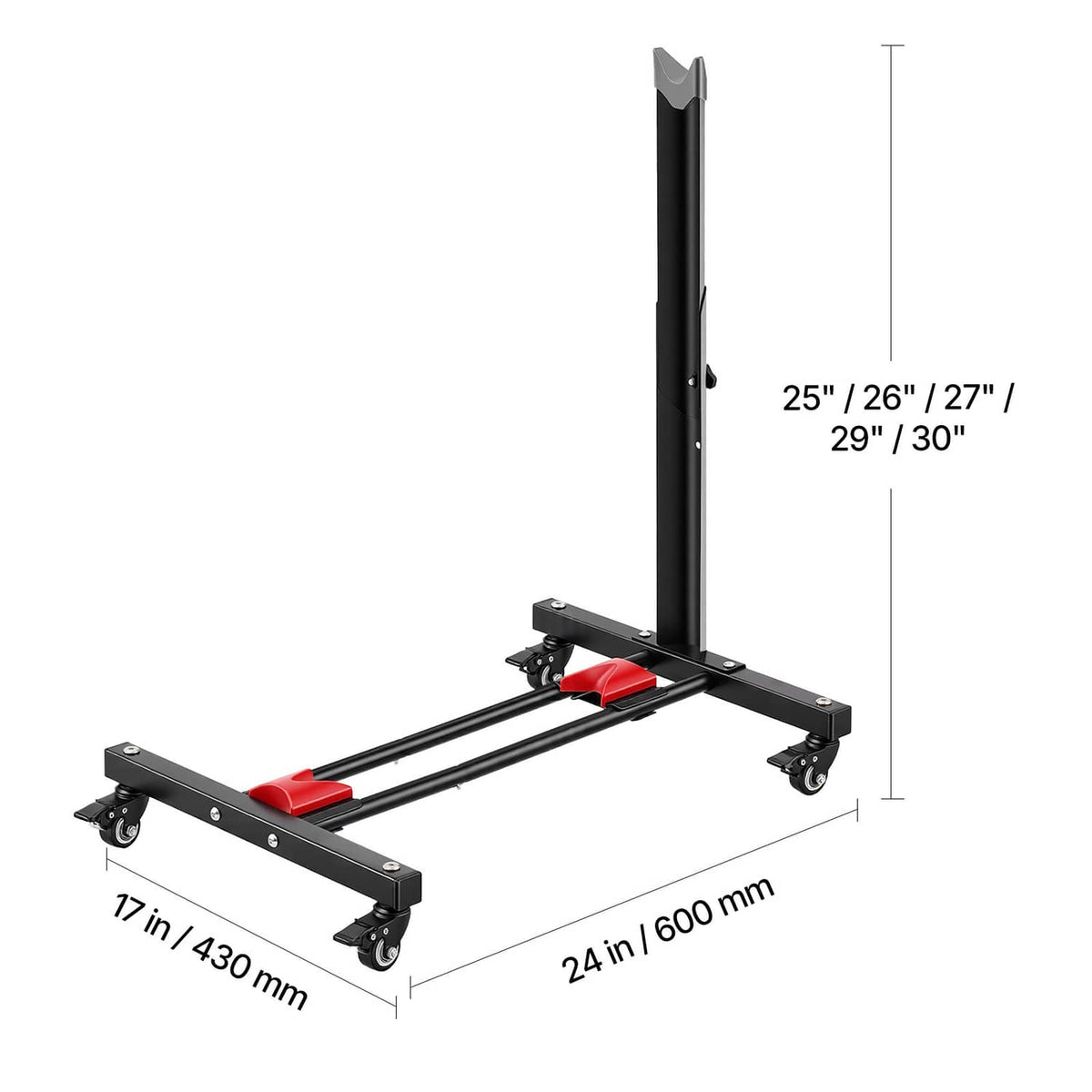 Bike rack with tall post, black platform arms, red pads, and caster wheels