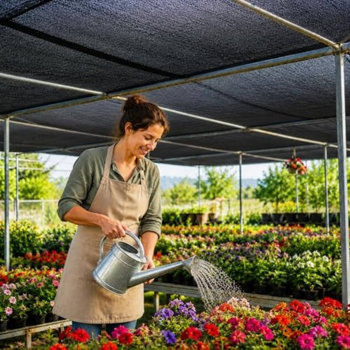 Dark gray shade cloth canopy overhead while watering flower beds