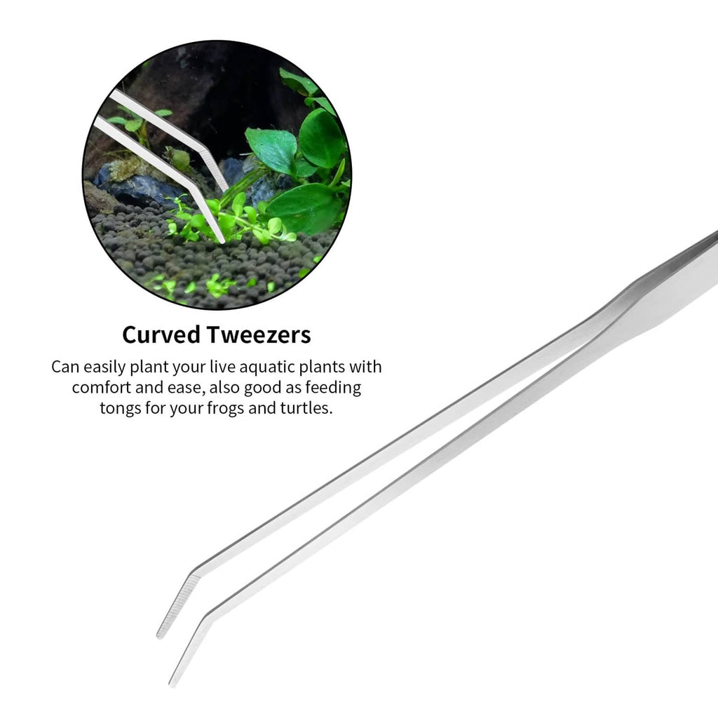Curved metal tweezers for aquariums, pointed tips, silver finish