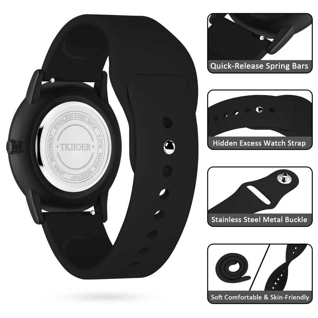Black watch with silicone strap, hidden excess strap, and stainless steel buckle