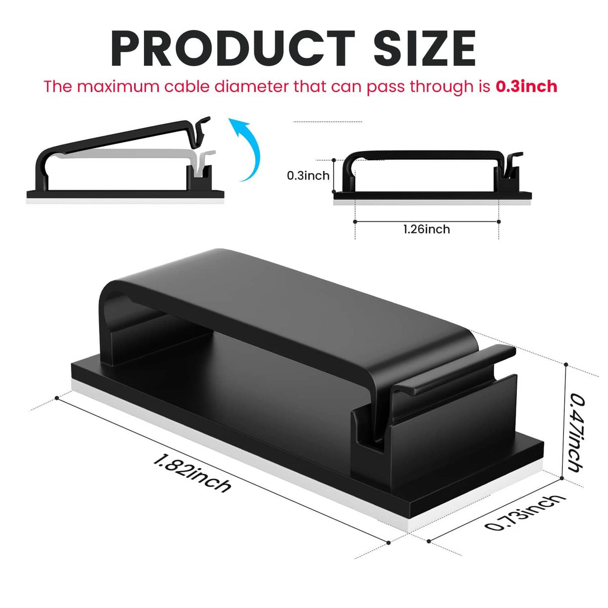 Black adhesive cable clip with dual channels for large cords, size view