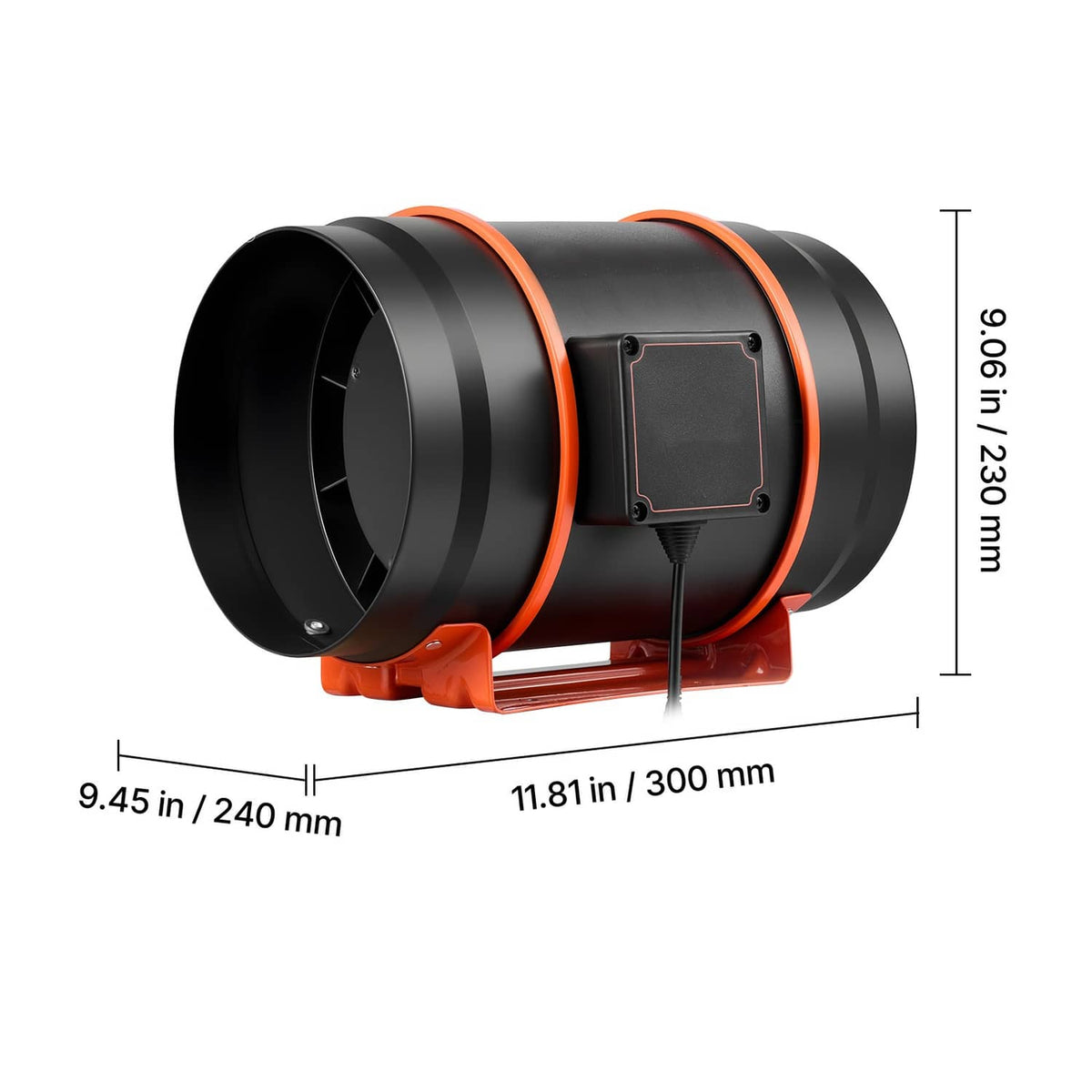 Inline duct fan with black ducts and orange rim, side view with height measurement