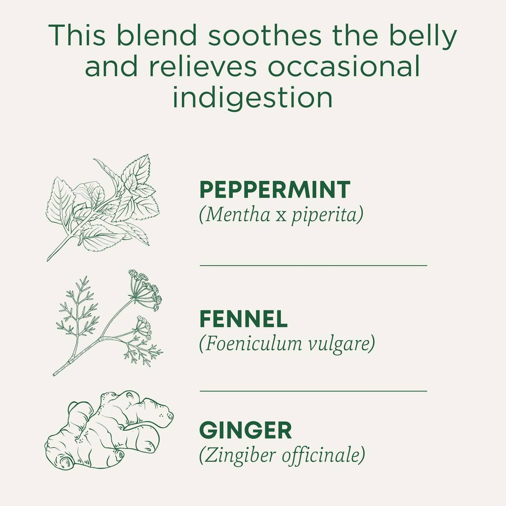 Herbal tea blend ingredient panel listing peppermint, fennel, and ginger