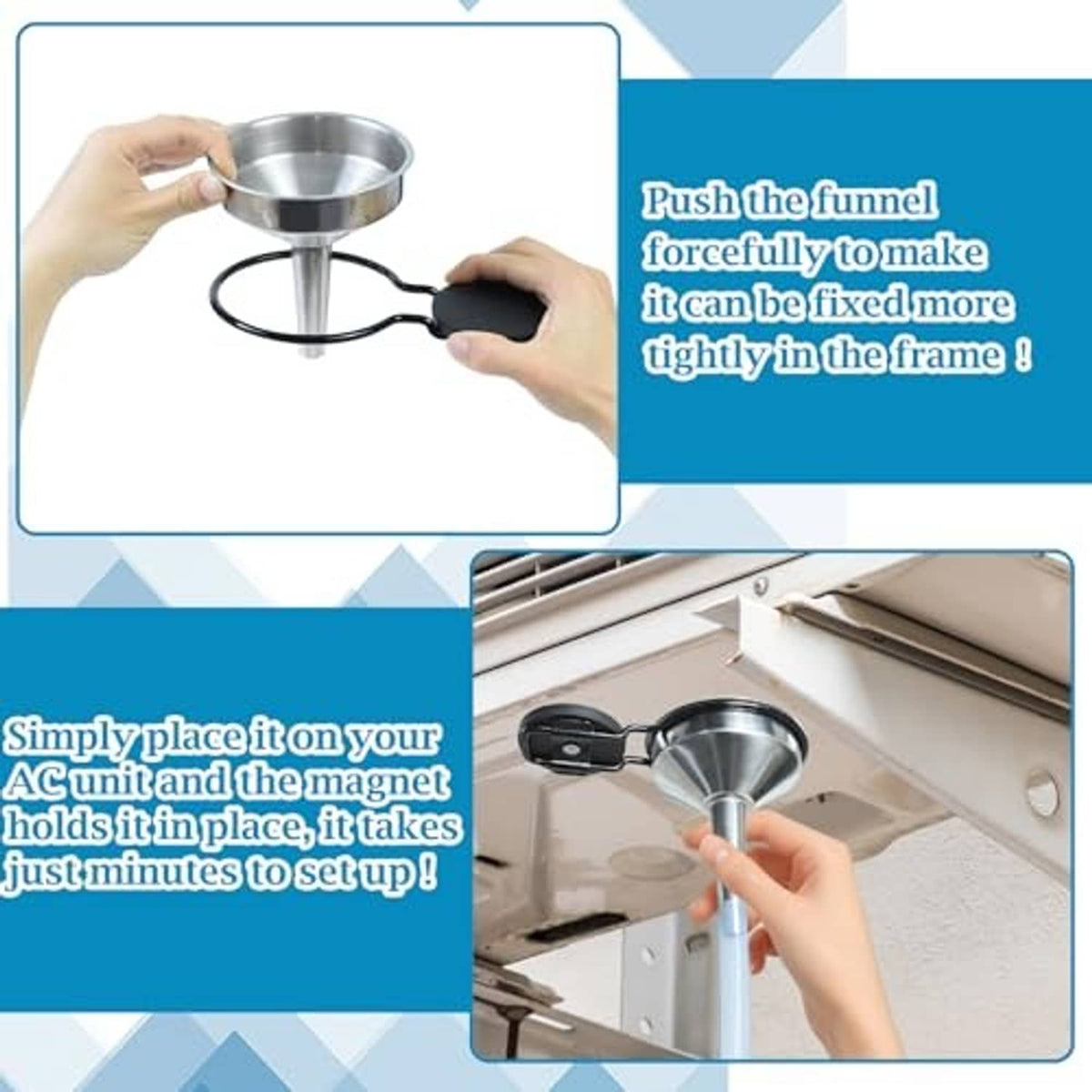 Magnetic drain kit funnel and black magnetic base shown with hands adjusting the setup