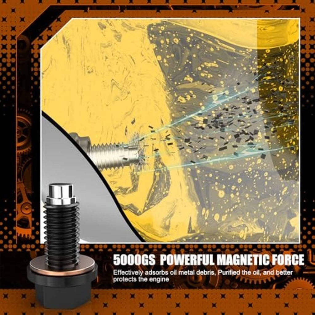 Magnetic oil drain plug installed in engine oil pan opening, M12x1.75