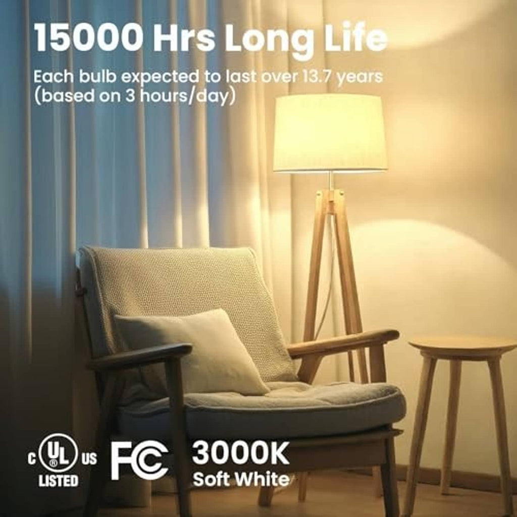 Soft white 3000K A19 LED bulbs in a lit living room lamp, warm light