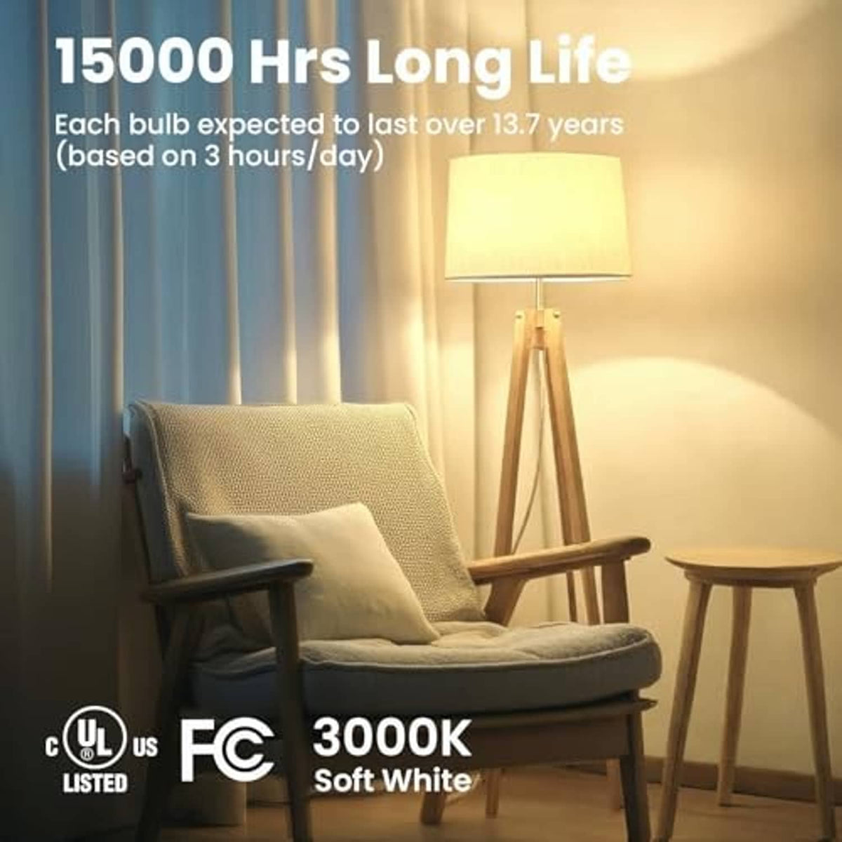 Soft white 3000K A19 LED bulbs in a lit living room lamp, warm light