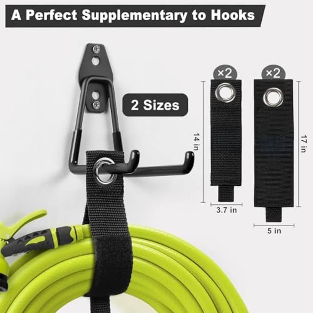 Black dual-size garage hook with strap band and round mounting holes, set of 4.