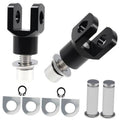 Black motorcycle footrest mounting clevises with threaded bolts and washer plates