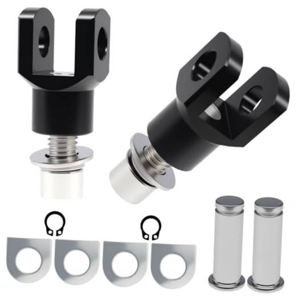 Black motorcycle footrest mounting clevises with threaded bolts and washer plates
